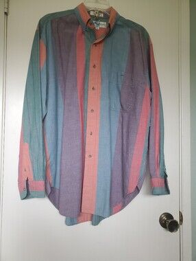 Vtg 90s World Island Striped Button-Up Shirt L Teal Pink Normcore Distessed